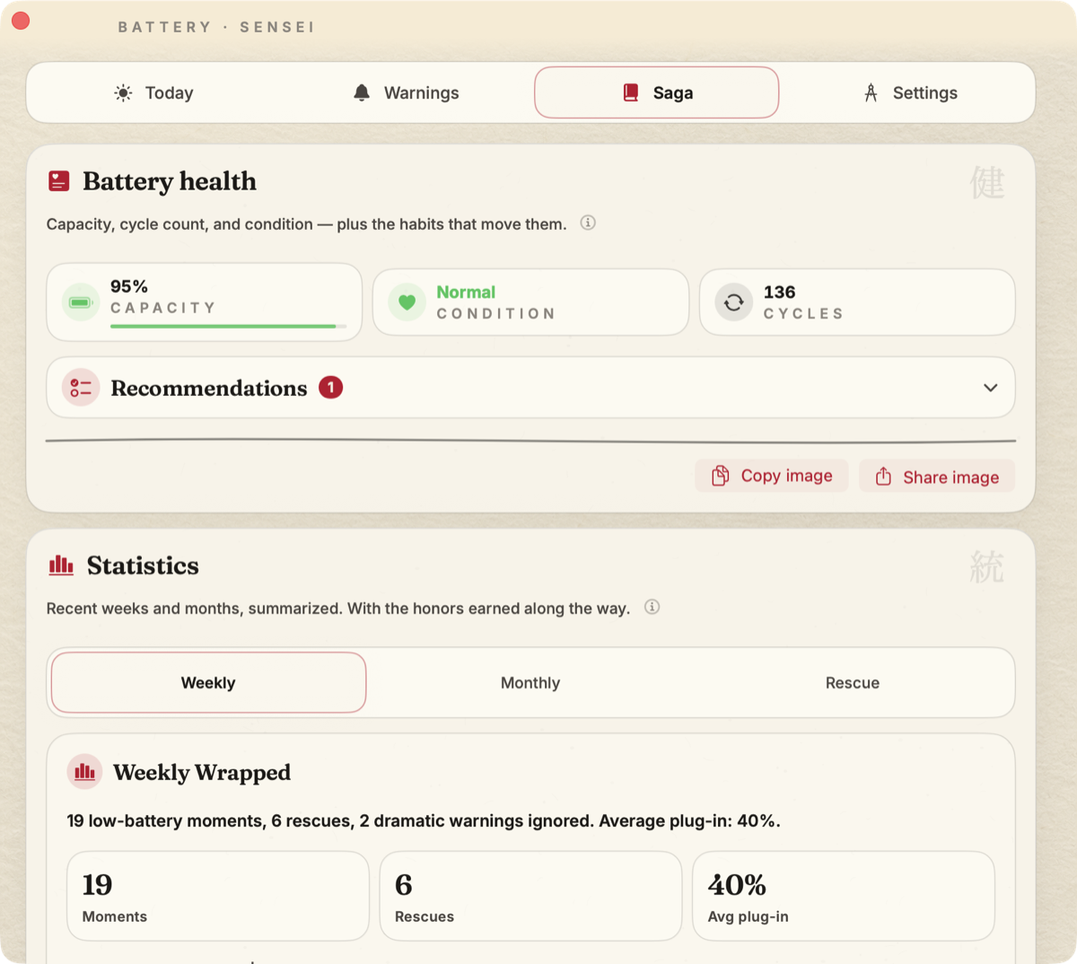 Battery Sensei Saga screen showing battery capacity, condition, cycle count, recommendations, and weekly statistics.